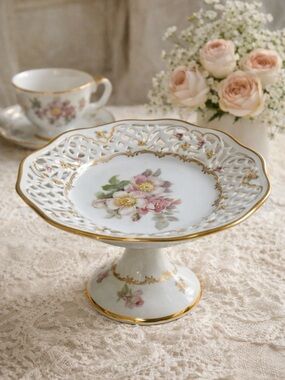 Schumann Arzberg Pedestal Compote Bowl Reticulated Floral Gold Germany